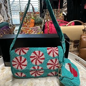 NWT Viral Rachel Zoe Peppermint Beaded Shoulder Bag with matching bag charm!